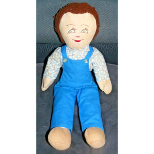 RARE VNTG cloth rag doll FARMER man in overalls red yarn hair embroidered face